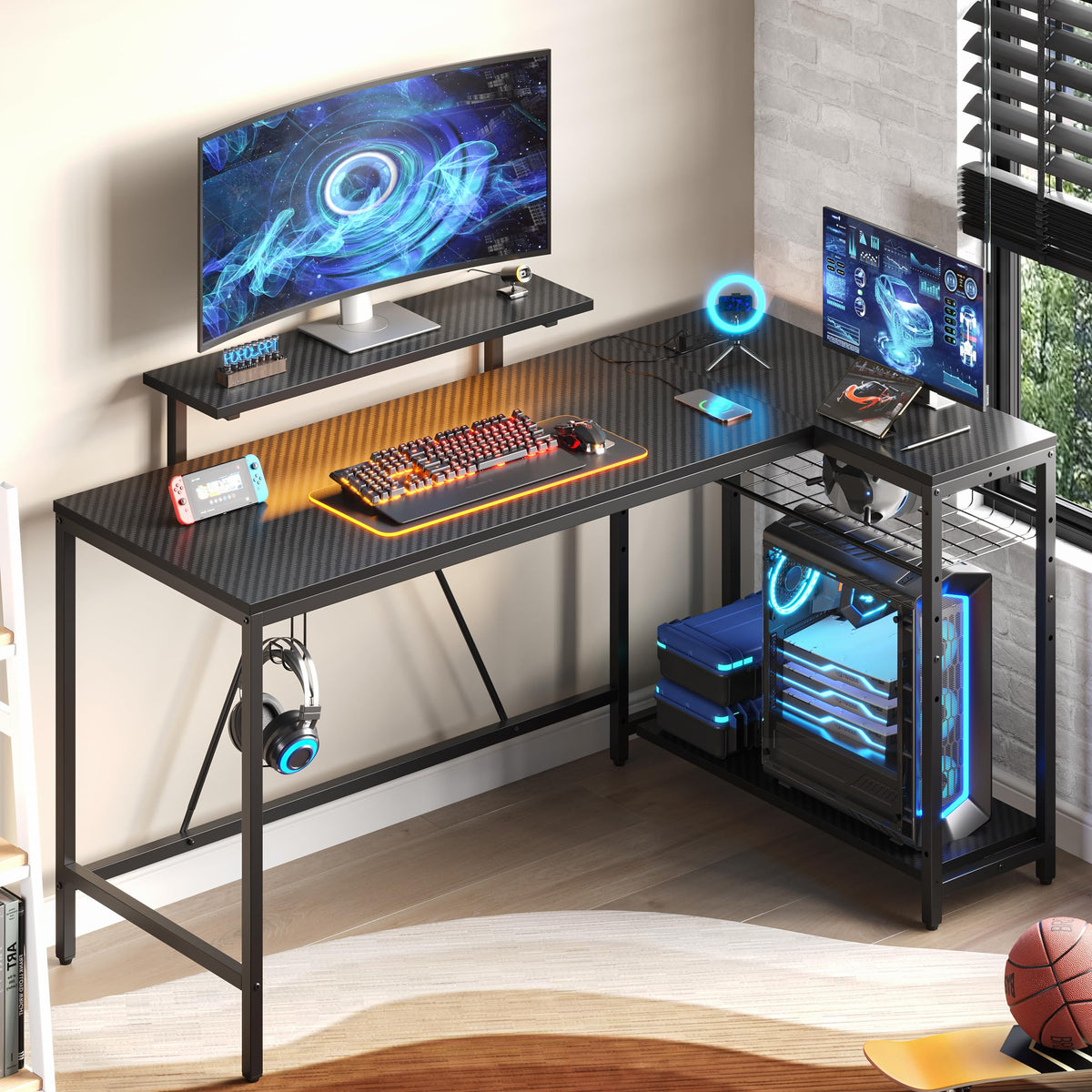 Bestier 42-Inch L-Shaped Computer Desk with Charging & LED, Black