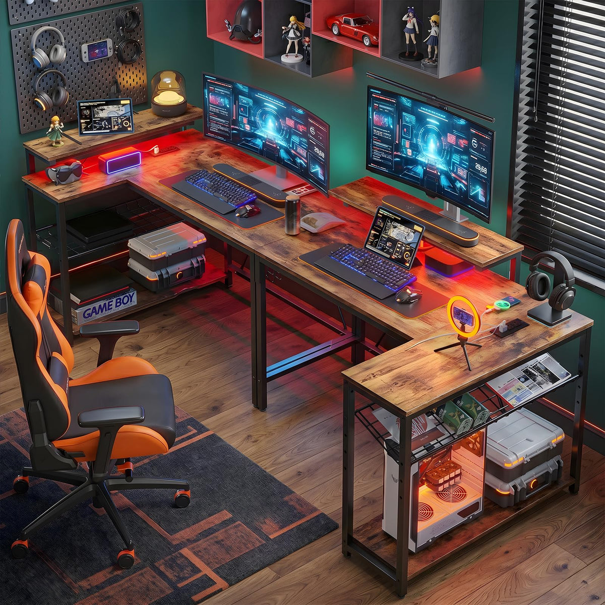Bestier 42-Inch L-Shaped Computer Desk with Charging & LED, Black