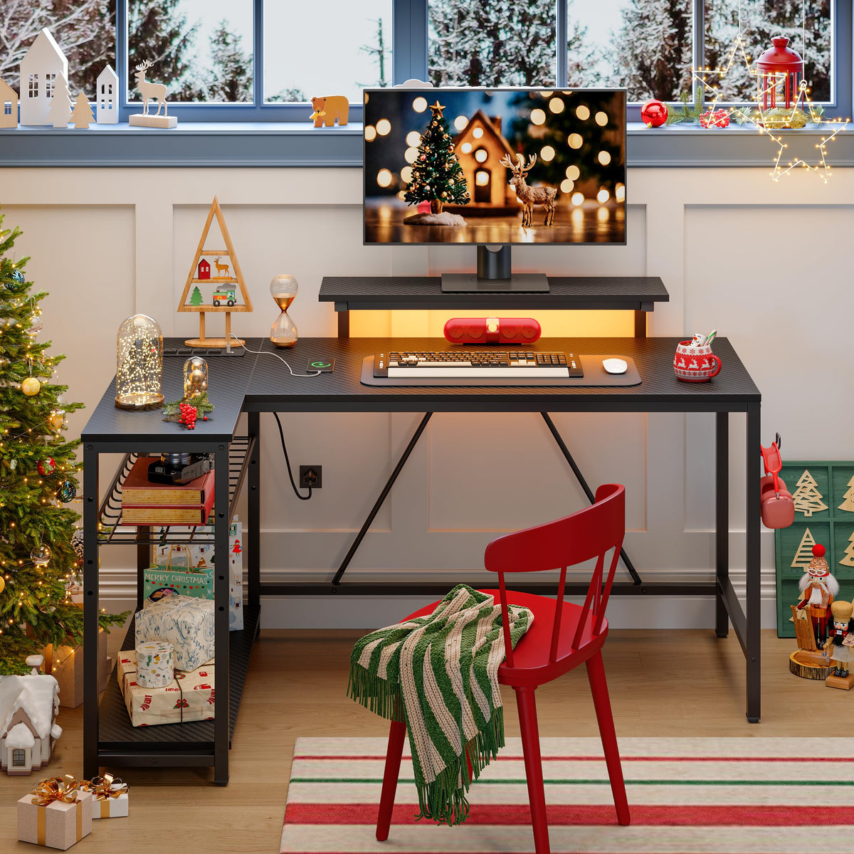 Bestier 42-Inch L-Shaped Computer Desk with Charging & LED, Black