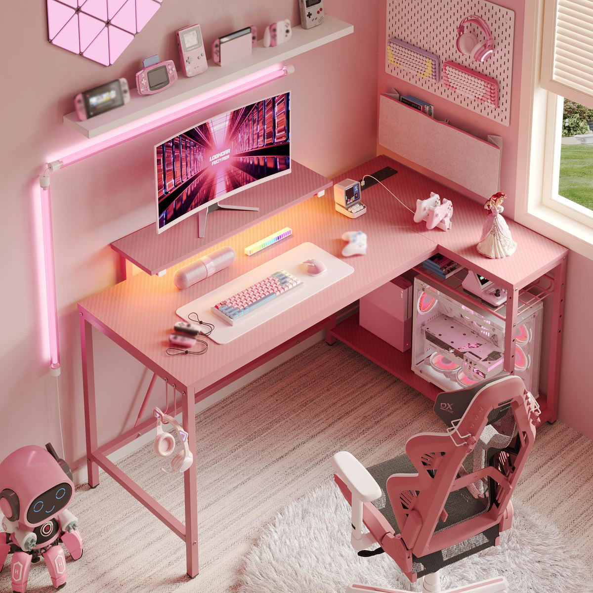 Bestier 42-Inch L-Shaped Computer Desk with Charging & LED, Black