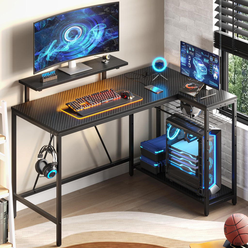 Bestier 42-Inch L-Shaped Computer Desk with Charging & LED, Black