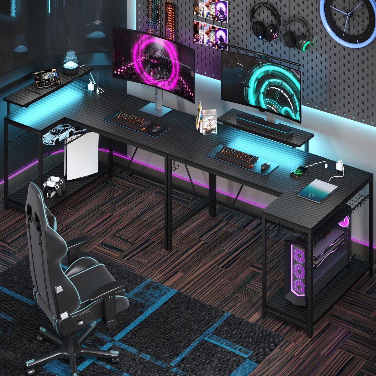 Bestier 42-Inch L-Shaped Computer Desk with Charging & LED, Black