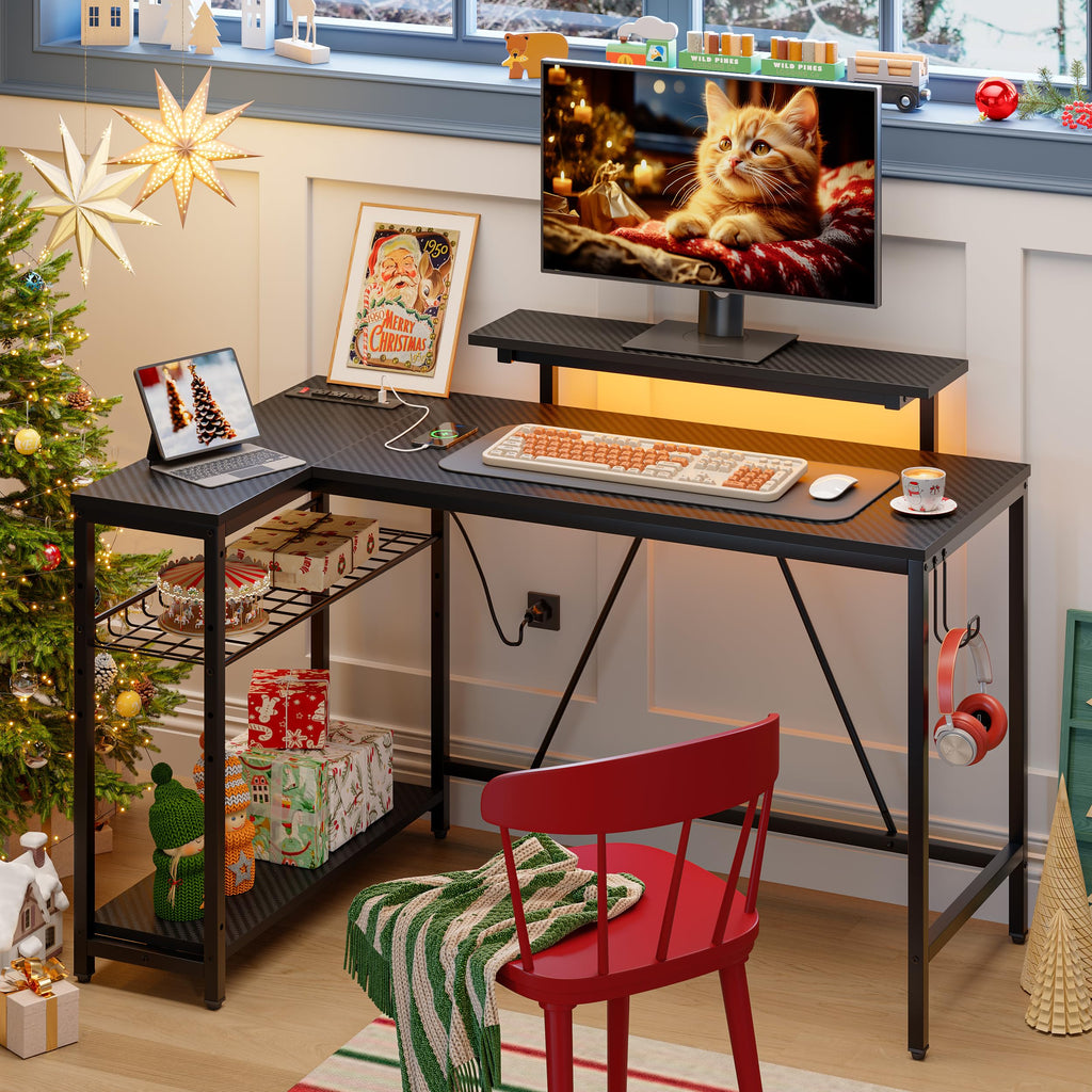 Bestier 42-Inch L-Shaped Computer Desk with Charging & LED, Black
