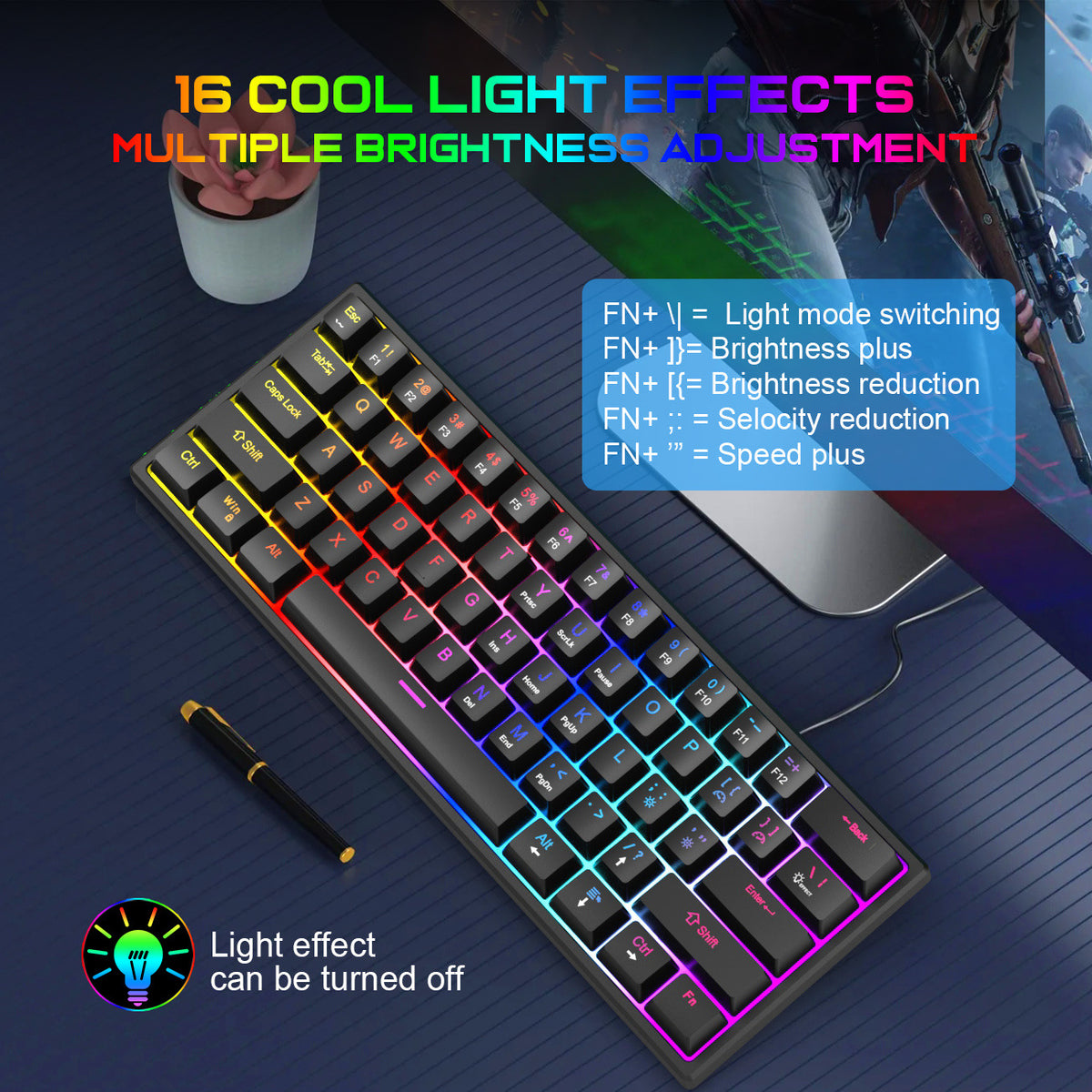 61-Key Wired Mechanical Keyboard — Blue Switch, Pudding Keycaps & RGB Backlight