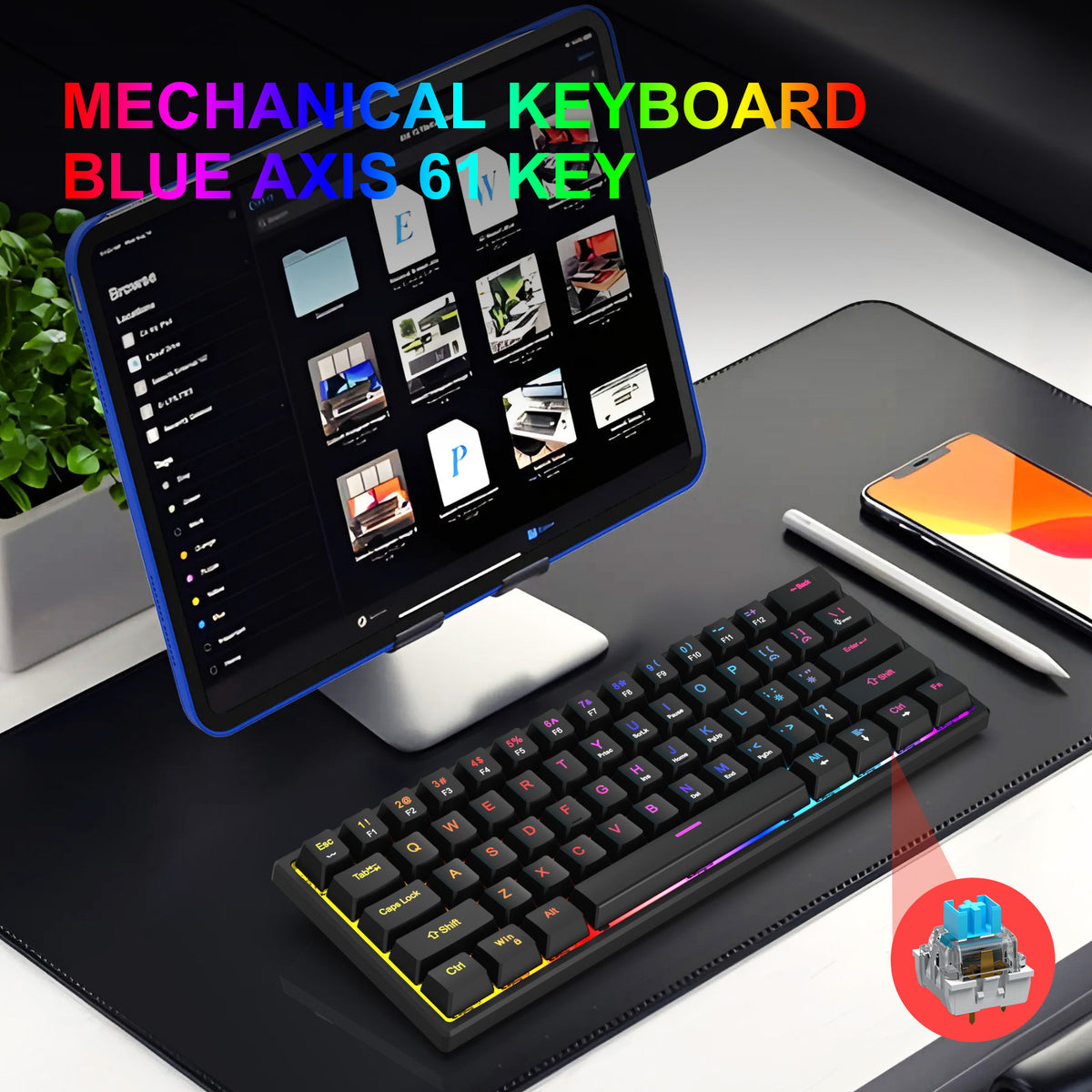 61-Key Wired Mechanical Keyboard — Blue Switch, Pudding Keycaps & RGB Backlight