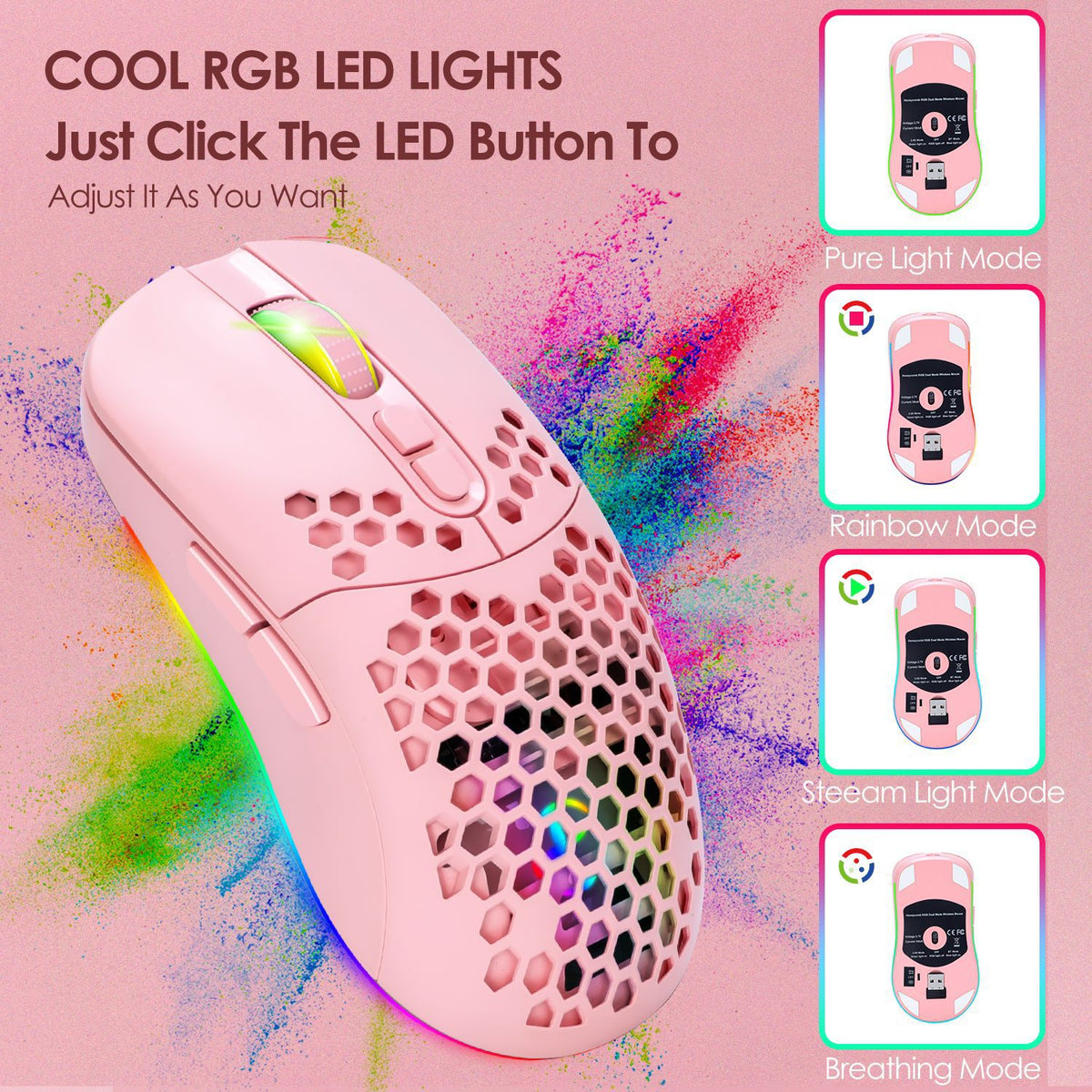 Wireless Bluetooth RGB Mouse — Lightweight Silent Pink Mouse with Cellular Design