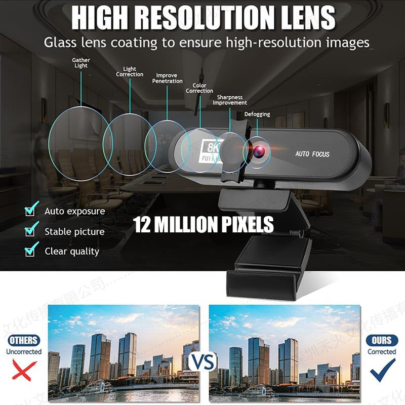 4K Auto Focus Webcam — 1080p/2K/8K USB Streaming Camera for PC & Live Streaming